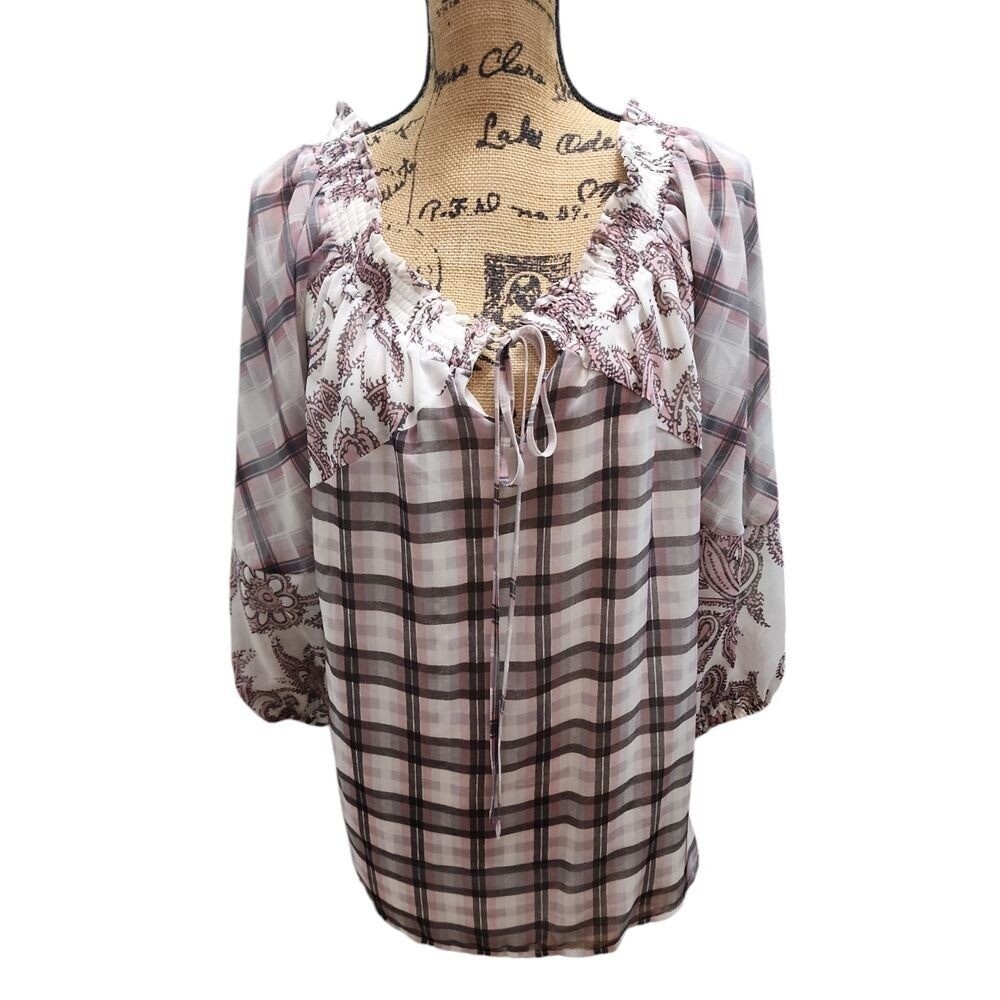 LOFT Plaid Peasant Blouse Ruffled Collar Paisley‎ Sleeves Women's Top